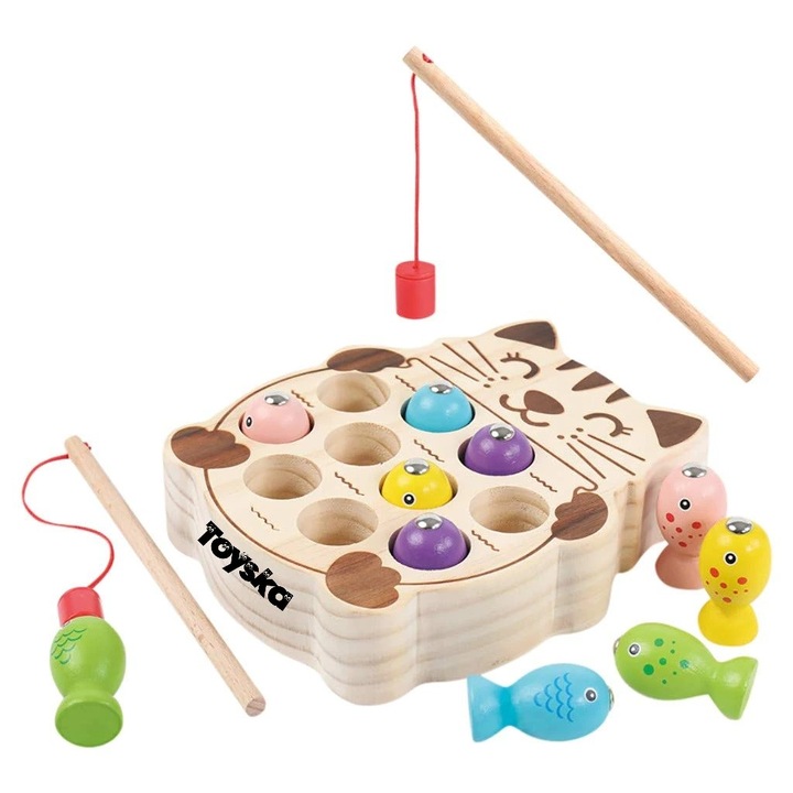 Jucarie de pescuit din lemn cu undite si pestisori, multicolor, Toyska®