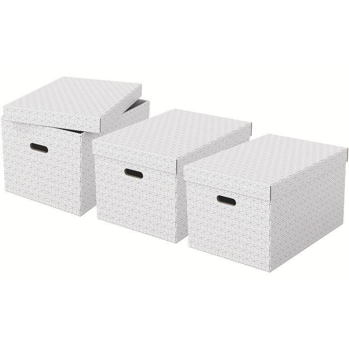 Set 3 cutii depozitare Esselte Home Recycled, carton, 51x35x30 cm, cu capac, alb