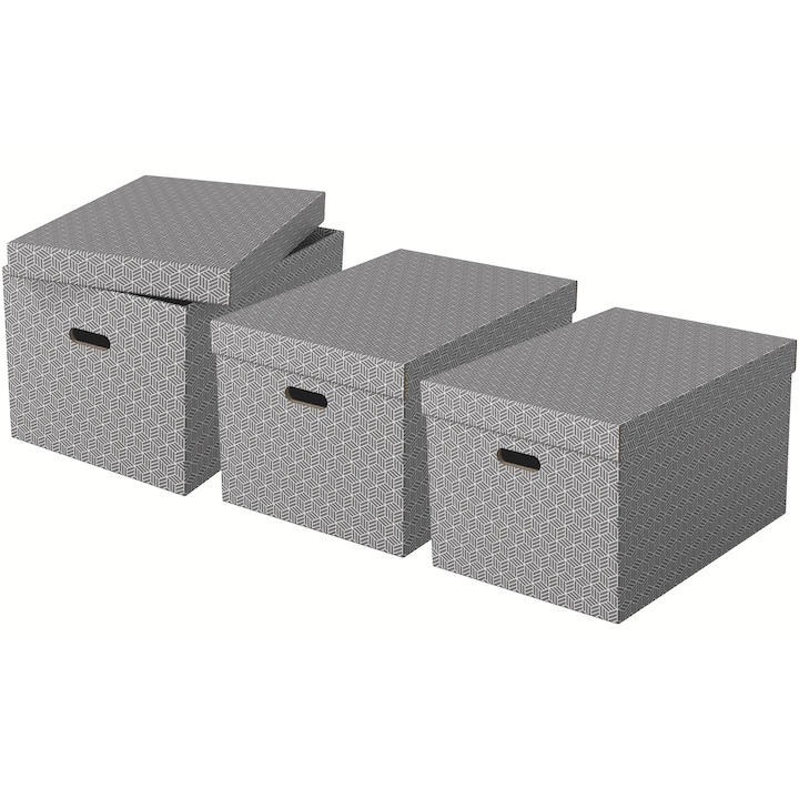 Set 3 cutii depozitare Esselte Home Recycled, carton, 51x35x30 cm, cu capac, gri