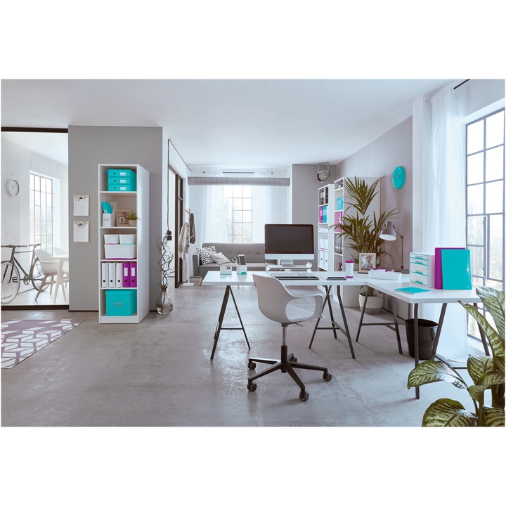 Cutie depozitare Leitz WOW Click & Store, carton laminat, partial reciclat, pliabila, cu capac si maner, 32x31x36 cm, turcoaz