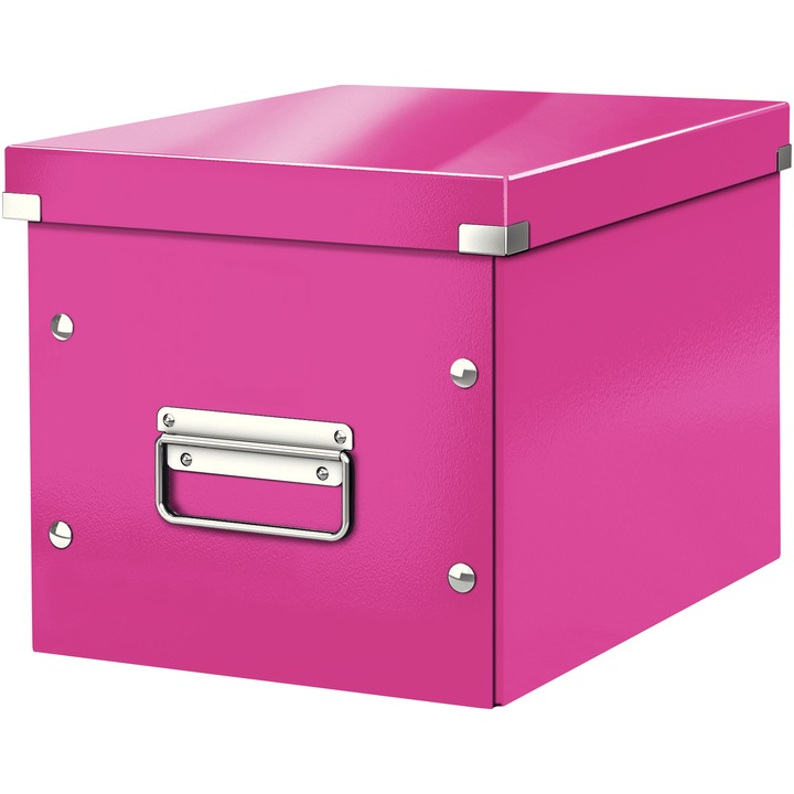 Cutie depozitare Leitz WOW Click & Store, carton laminat, partial reciclat, pliabila, cu capac si maner, 26x24x26 cm, roz