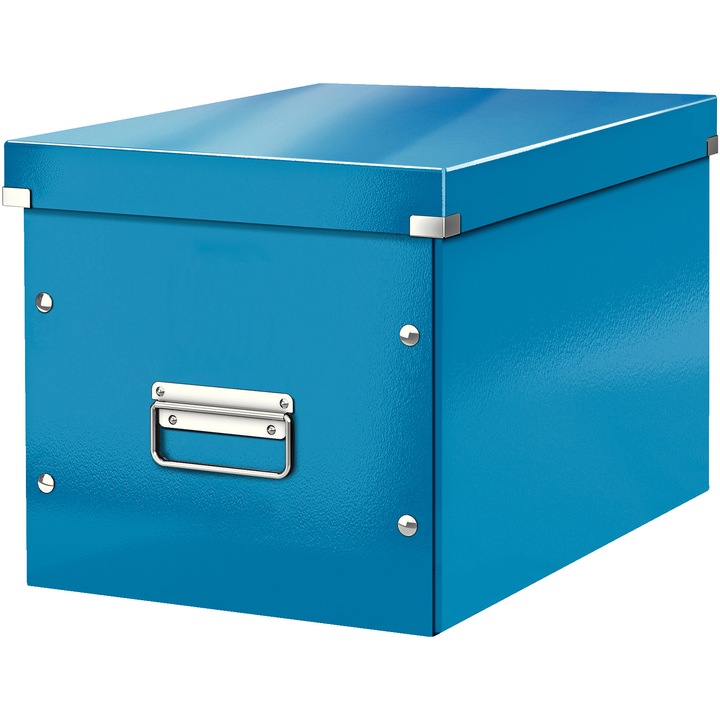 Cutie depozitare Leitz WOW Click & Store, carton laminat, partial reciclat, pliabila, cu capac si maner, 32x31x36 cm, albastru