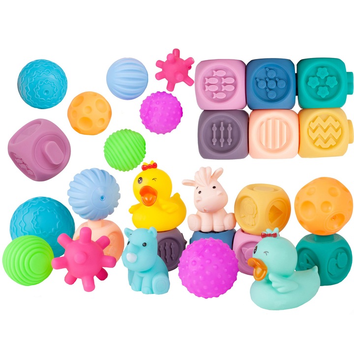 SOLTOY Bath fürdőjáték készlet, 16 db, gyerekeknek, puha érzékszervi játékok, fürdő, élénk színek, különböző formák és állatok