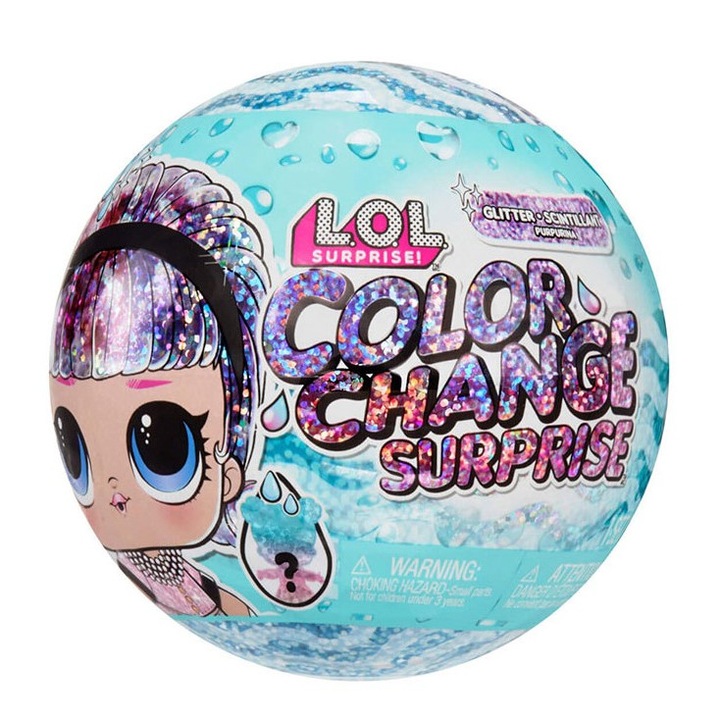 Set minge cu papusa surpriza L.O.L. Surprise! seria Glitter Color Change Surprise, 7,6 cm