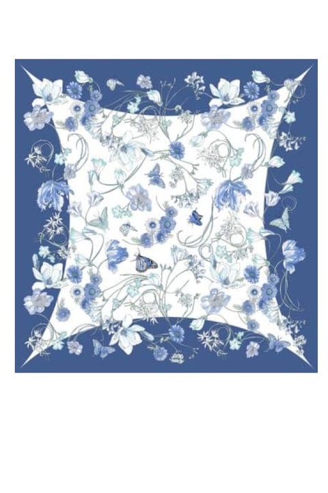 Esarfa dama, matase naturala 100 %, fond albastru cu model floral si fluturi, 90x90 cm, Fattorseta, made in Italy