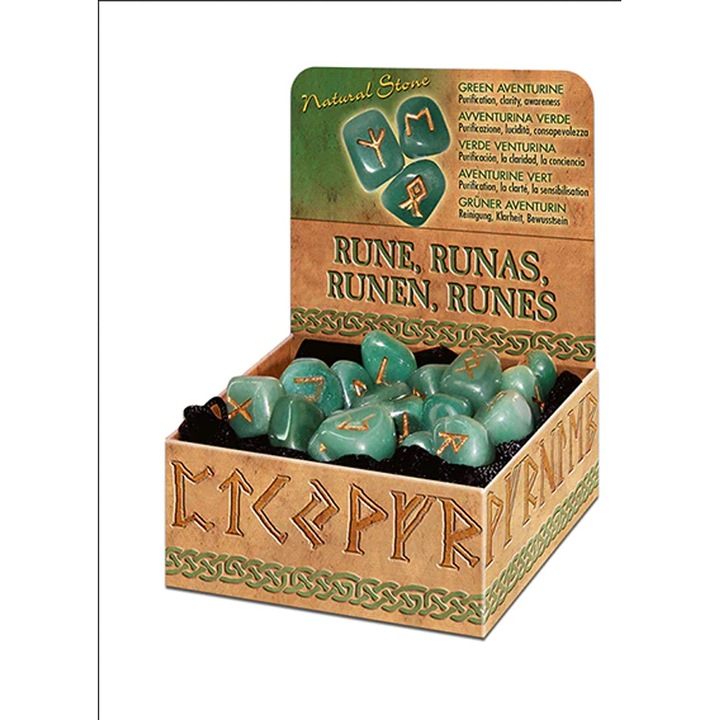 25 gravírozott rúna készlet, Lo Scarabeo, Aventurin, Természetes kövek, Zöld
