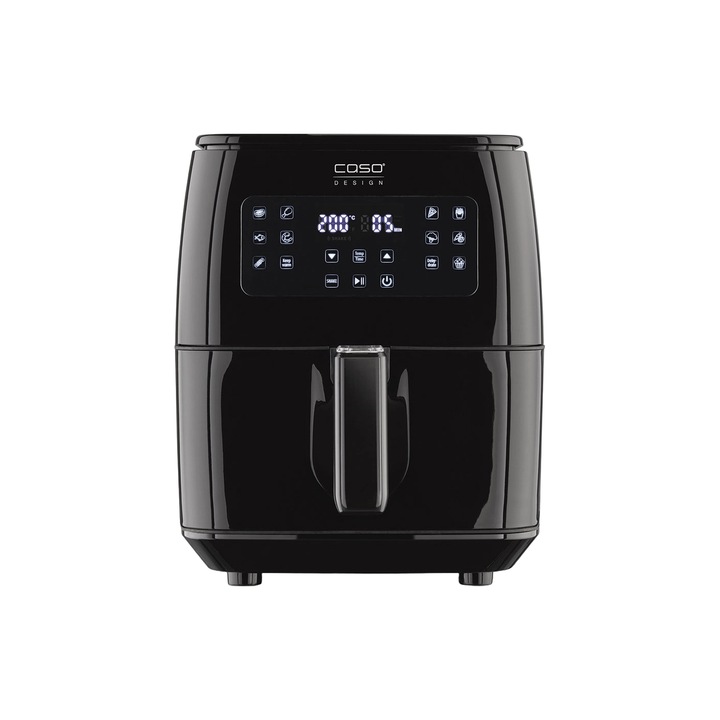 Forró levegős sütő Caso Germany, AF 600, olaj nélkül, űrtartalom 6 liter, 12 program, állítható hőmérséklet 50-200°C, PowerConvection, gyors fűtés, Rázás emlékeztető, víztelenítő program, időzítő, hangjelzés, fekete