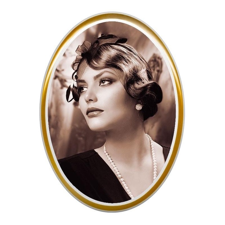 Fotoceramica funerara, Fotoporcelana, Oval, Cu dunga aurie, 5x7 cm, Alb