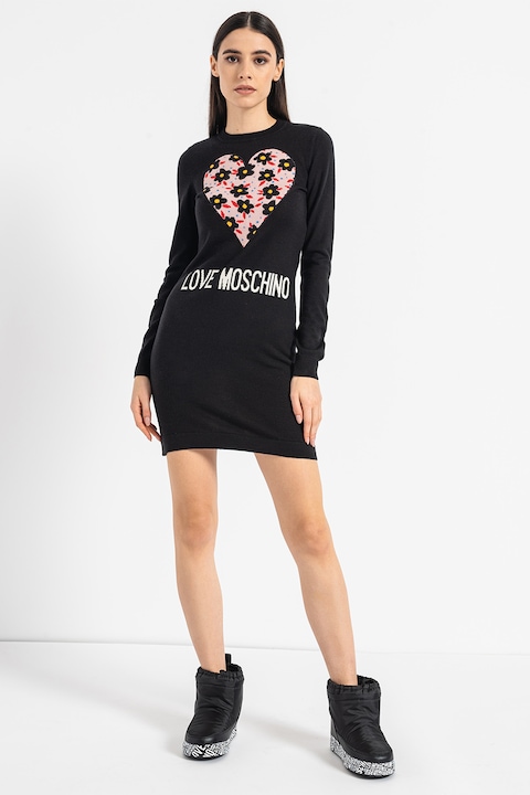 Love Moschino, Рокля тип пуловер с вълна и лого, Бял/Черен
