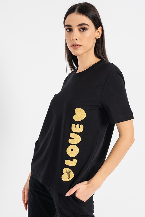 Love Moschino, Памучна тениска с овално деколте, Златист/Черен
