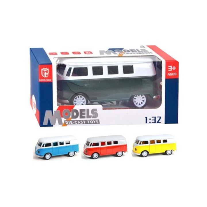 Magic Toys 5230016 Volkswagen T1 1/32-es hátrahúzható fém autó nyitható ajtóval, fénnyel és hanggal több változatban