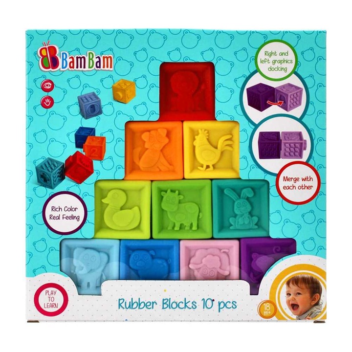 Комплект от 10 сензорни кубчета за бебета, Bambam, 5 х 5 см