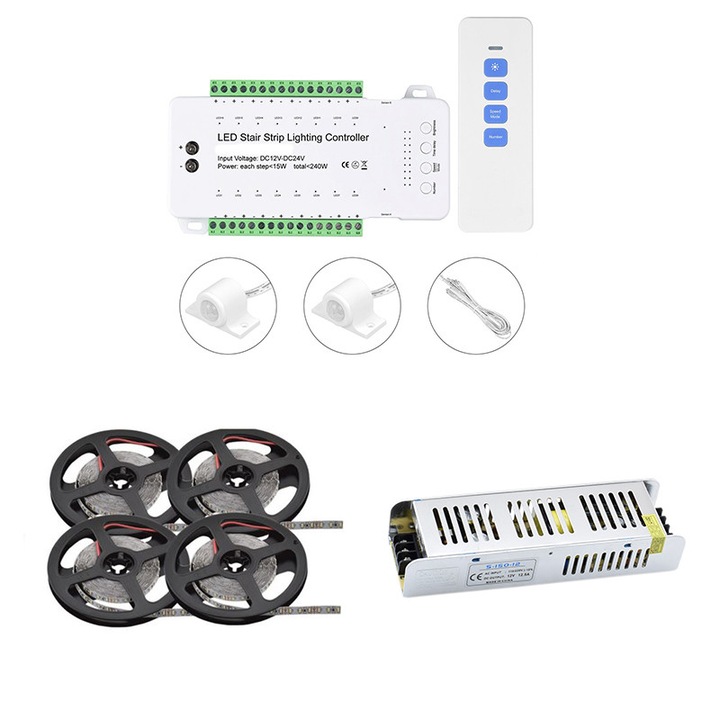 Kit Iluminat Trepte inteligent in cascada Cu 2 Senzori, Banda LED si Sursa de alimentare 16 canale/scari ZenLED