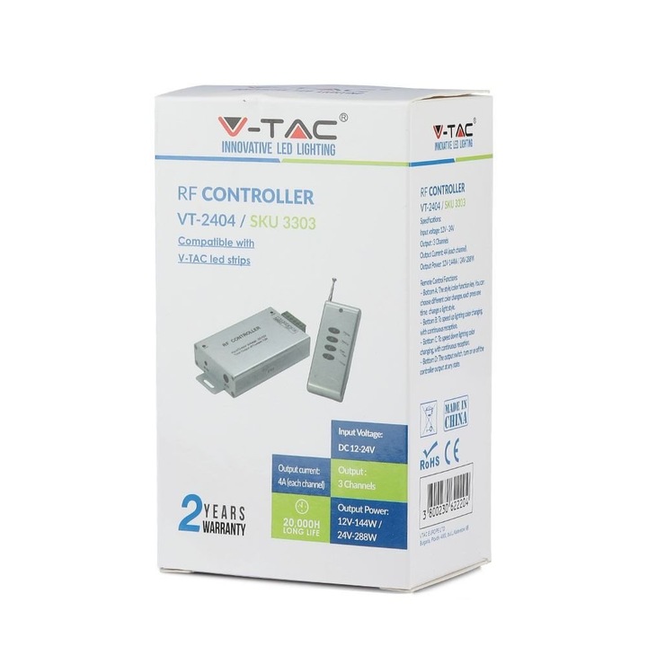 Контролер за RGB LED лента, 12-24V, 12A, V-TAC