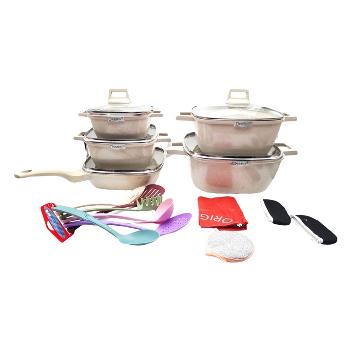 Set Oale aluminiu si ustensile, interior exterior invelis granit, diverse marimi, 25 piese, bej