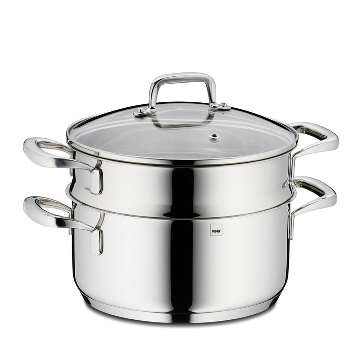 Oala pentru aburi Kela, inox / sticla, 2,4 l, diam. 20 x 15 cm