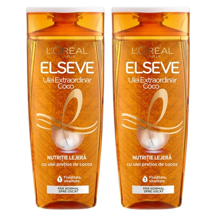Set Sampon L'Oreal Paris Elseve Ulei Extraordinar, pentru Par Normal / Uscat, 2 x 250 ml