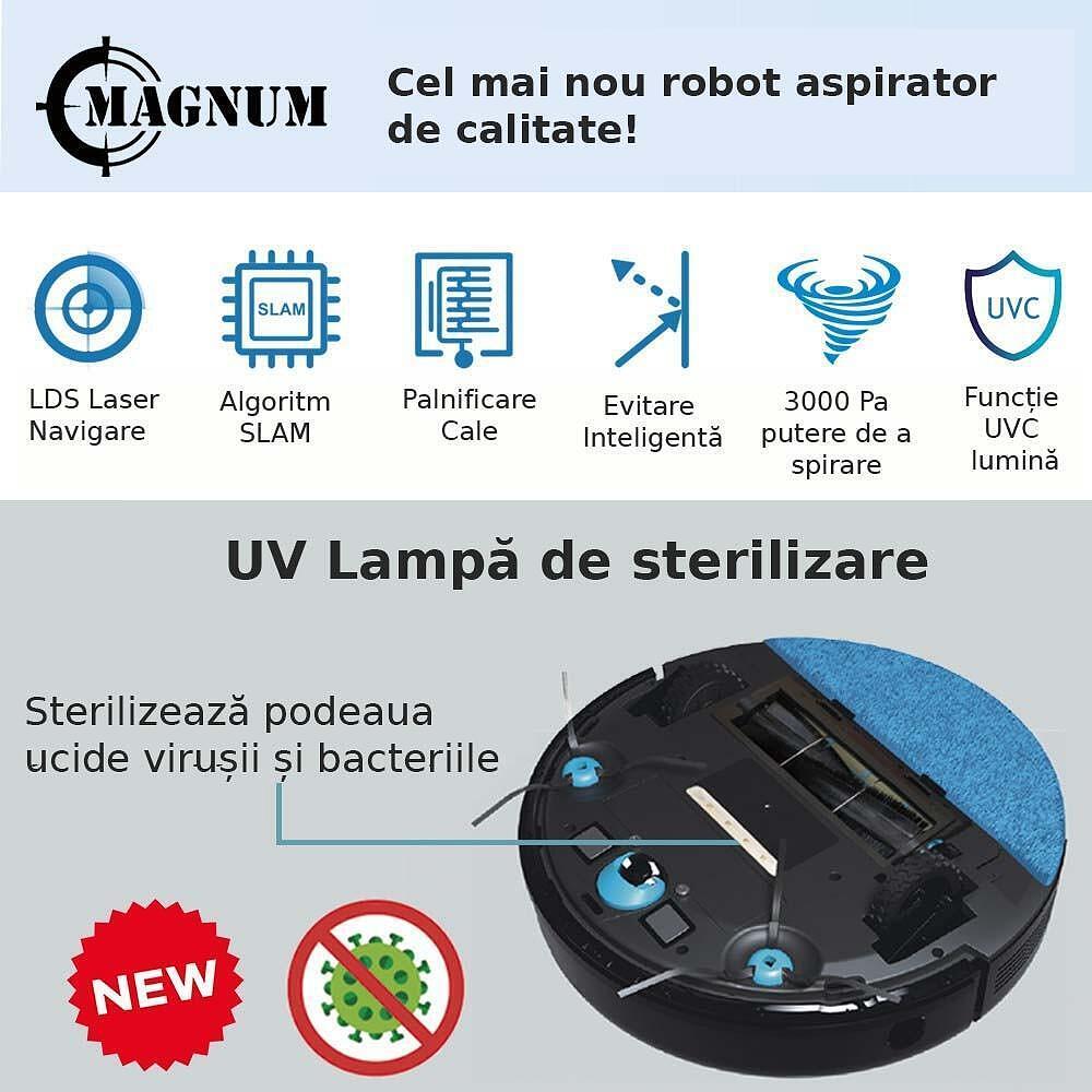Aspirator robot cu mop, MAGNUM UV+, Sterilizare lampa UVC, Wi-Fi, Aplicatie in limba romana, Negru