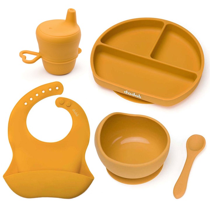 Set diversificare Dodoli din silicon pentru bebelusi cu bol, farfurie, lingurita, pahar, baveta, Honey