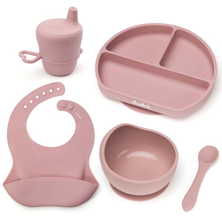 Set diversificare Dodoli din silicon pentru bebelusi cu bol, farfurie, lingurita, pahar, baveta, Rosewood