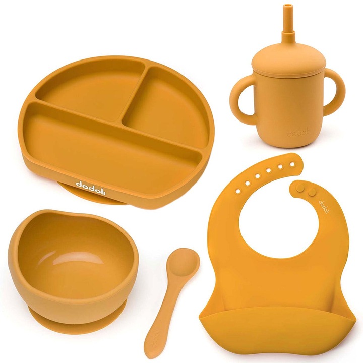 Set diversificare Dodoli din silicon pentru bebelusi cu bol, farfurie, lingurita, cana, baveta, Honey