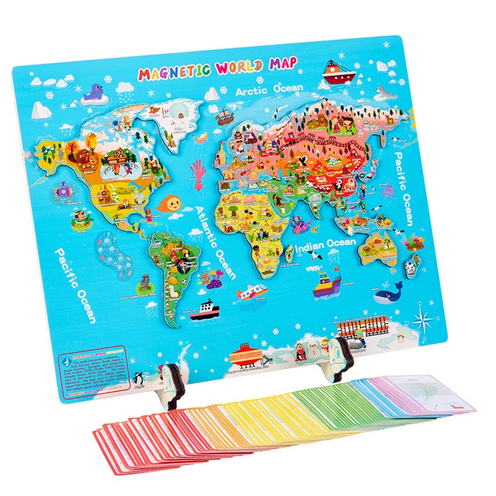 Дървена образователна магнитна игра Карта на света, 184 карти, многоцветни, Toyska®