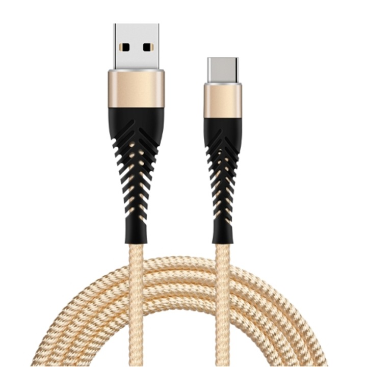 Kábel KLGO S-22, USB Type C-USB, 1m 2,4A gyorstöltés, adatátvitel, bézs zsinór, univerzális