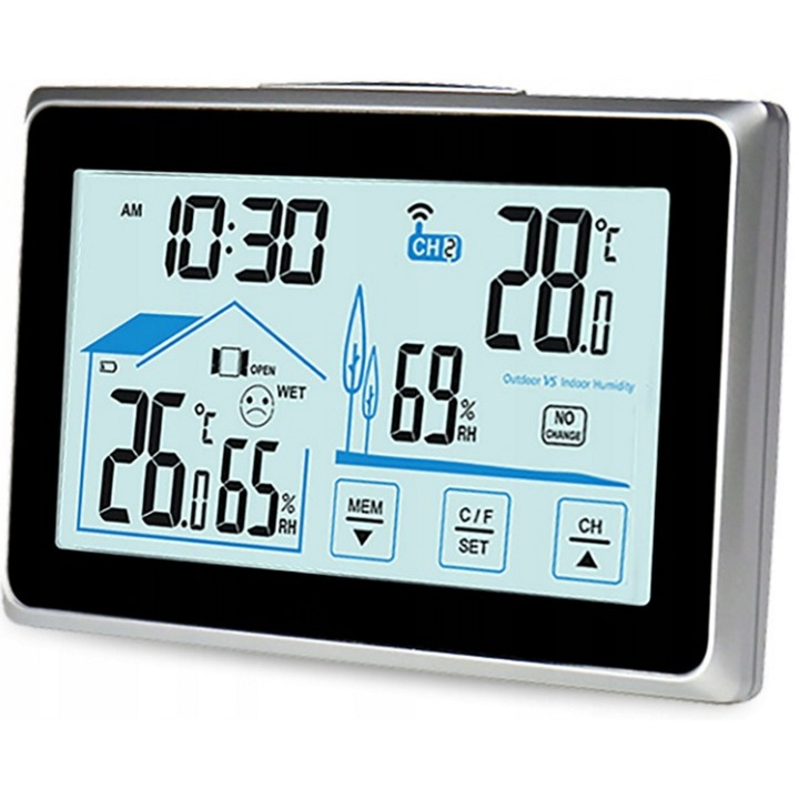 Statie Meteo Profesionala fara Fir Pro Galaxy@ idealSTORE, Umiditate Interioara/Exterioara, Statie Meteorologica Senzor extern, Suport stabil, Ecran LCD Iluminat, Raza 60m, Negru-GRI