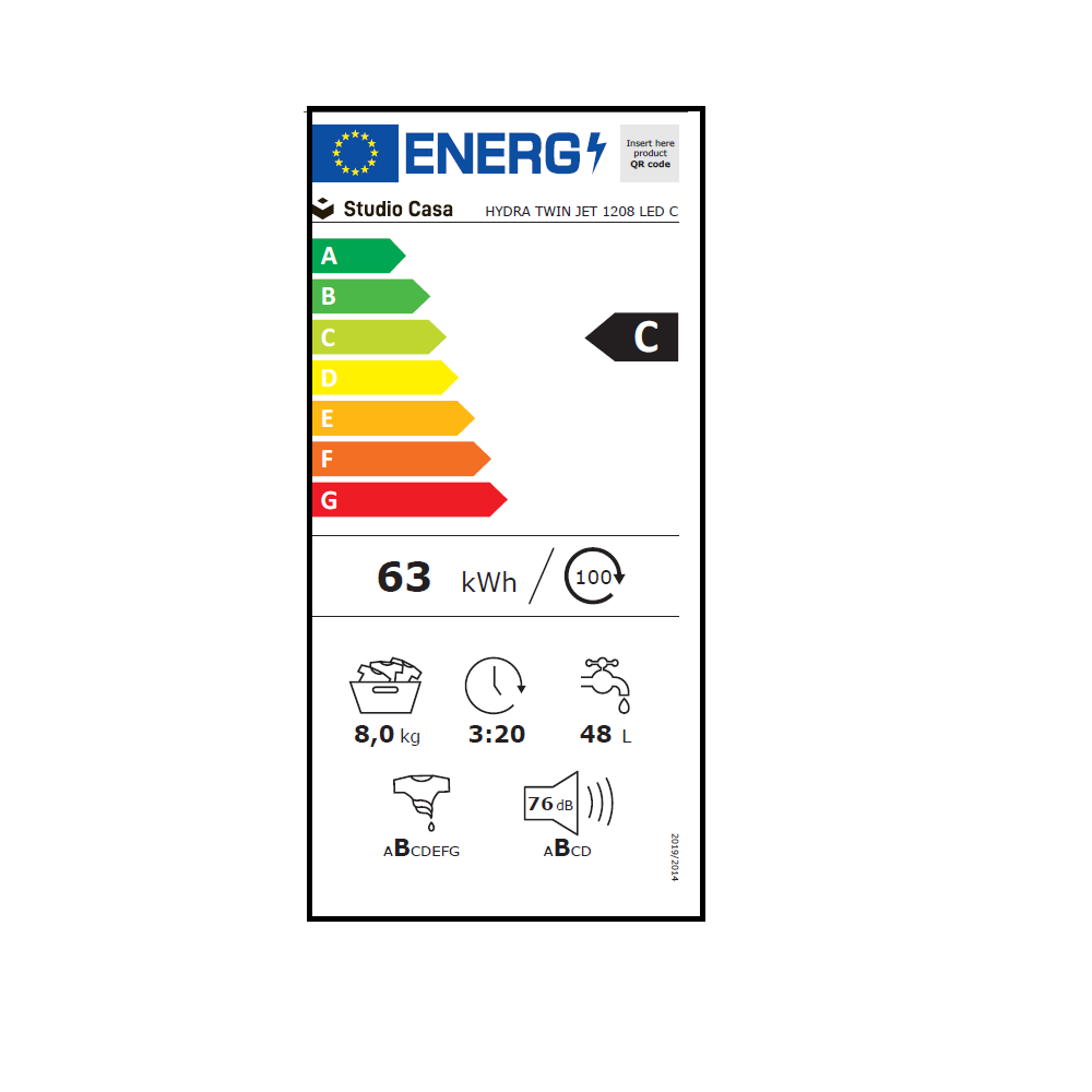 Masina de spalat rufe HYDRA TWIN JET 1208 LED Black, Studio Casa, 8 Kg, 1200 rotatii / minut, 15 programe, Tehnologie ”Twin Jet System- tehnologie performanta de reducere a consumului de energie, Clasa eficienta energetica C, Negru