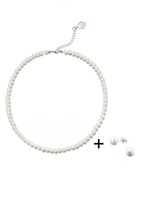 Set colier la baza gatului din perle de cultura albe de 6 mm cu accesorii din Argint 925 si prelungire cu perla baroc si cercei din perla naturala 6 cm