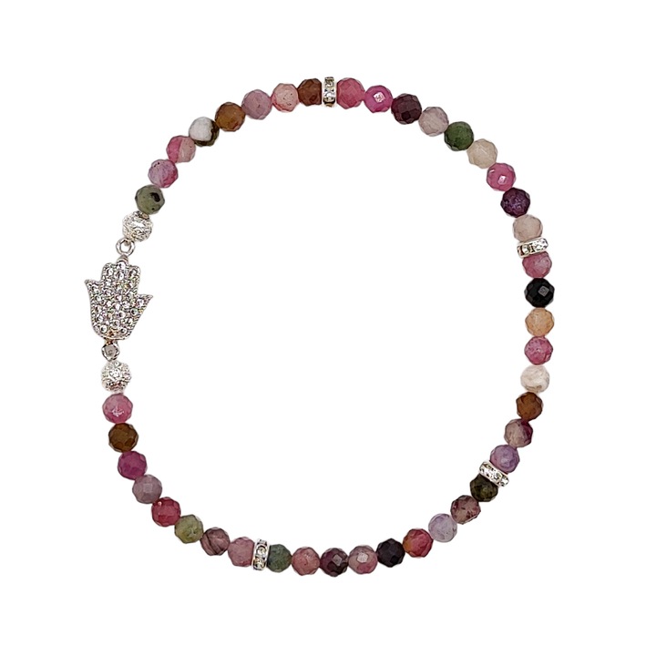 Bratara elastica, pietre Turmalina si hamsa, placat cu argint