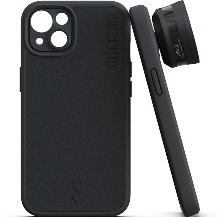 Husa de telefon ShiftCam, cu suport pentru obiectiv, Compatibila cu iPhone 13, Piele ecologica, Negru