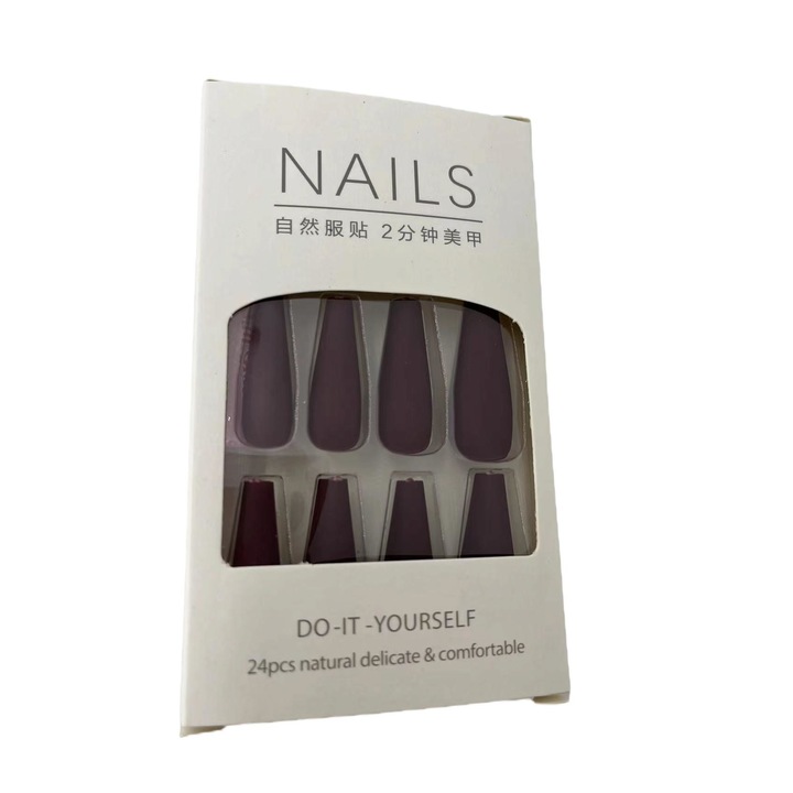 Set 24 unghii false press-on, ABS, Tip balerina, Adezive, Mov inchis