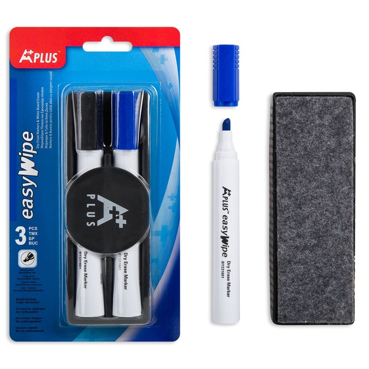 Комплект, За бяла дъска, Маркери и гъба, 3 бр