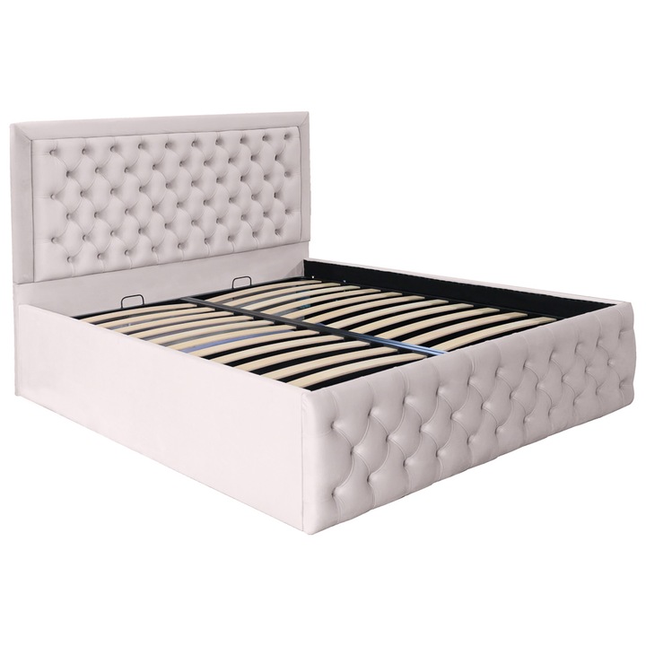 Pat dublu tapitat model Louisiana 180/200 cm culoare crem cu somiera metalica rabatabila si spatiu de depozitare