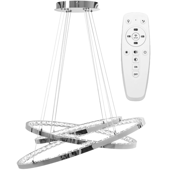 Lustra Suspendata cu Telecomanda Cristal Metal Chrome 3 Surse Led Incorporate 40W 770x1000 mm