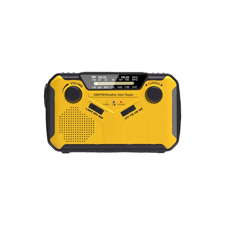 Radio portabil camping, lampa LED, pentru calamitati naturale, cutremure, furtuni, cu dinam, lanterna, incarcare solara, baterii si priza, powerbank 2500 mAh, alarma SOS, kit supravietuire, galben