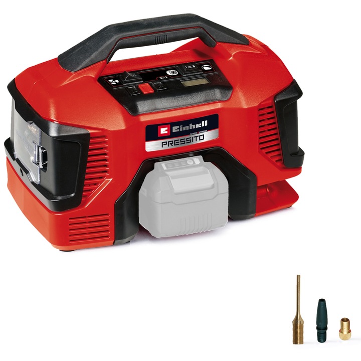 Compresor aer pe acumulator Einhell Power X-Change Pressito 18/21, 18 V, 10.5 bar presiune maxima, 21 l/min capacitate absorbtie, 71 cm furtun, fara acumulator/incarcator