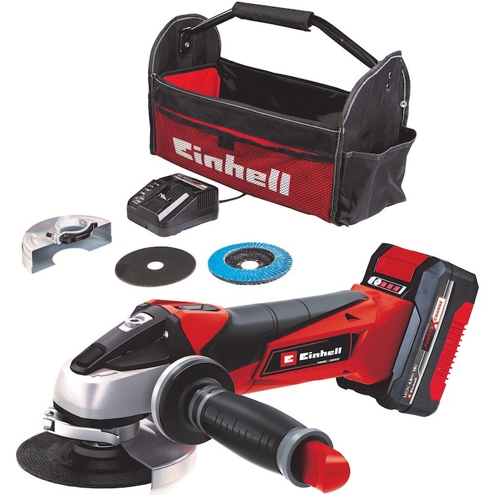 Polizor unghiular pe acumulator Einhell TE-AG 18/115 Li Kit Power X-Change 18 V, 115 mm diametru disc , 28 mm adancime de taiere, disc de taiere, disc de slefuit, acumulator 4 Ah, incarcator