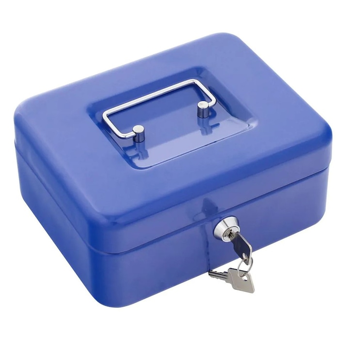 Pusculita metalica tip seif, Zola®, cu cheita si maner, 20x16x9 cm, albastra