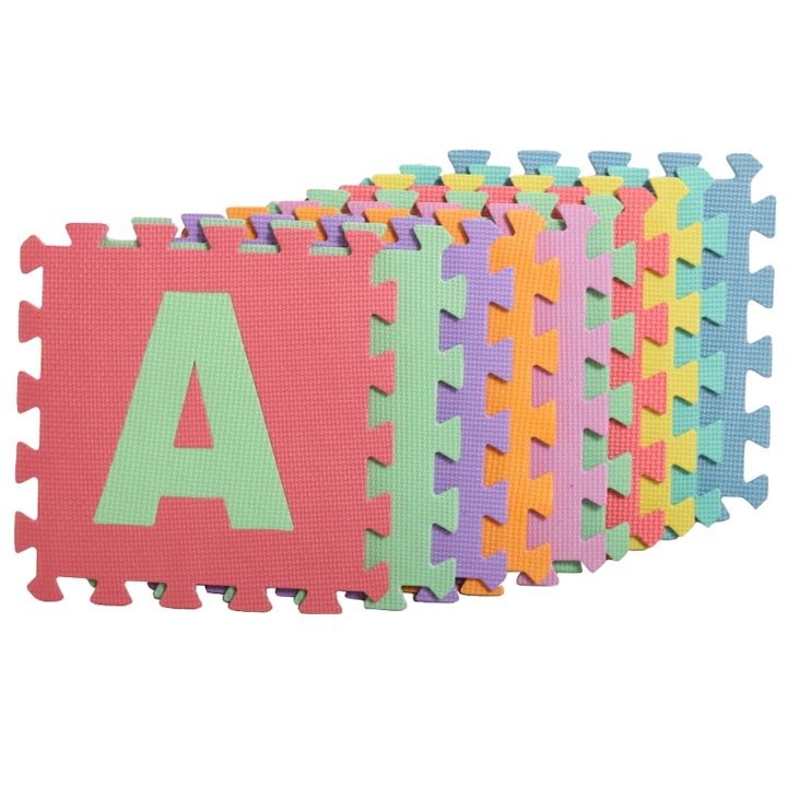 Covor tip puzzle cu cifre si litere pentru copii, din spuma, Multicolor, set 10 placi, 29x29x0.8