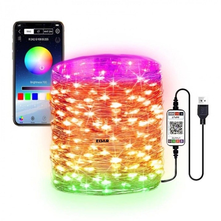 Instalatie luminoasa EDAR, inteligenta, bluetooth 4.0, control din aplicatie, conectare prin USB, multicolora, 5 metri