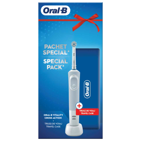Periuta de dinti electrica Oral-B Vitality D100 Cross Action, 7600 Oscilatii/min, Curatare 2D, 1 program, 1 rezerva, trusa de calatorie, Alb