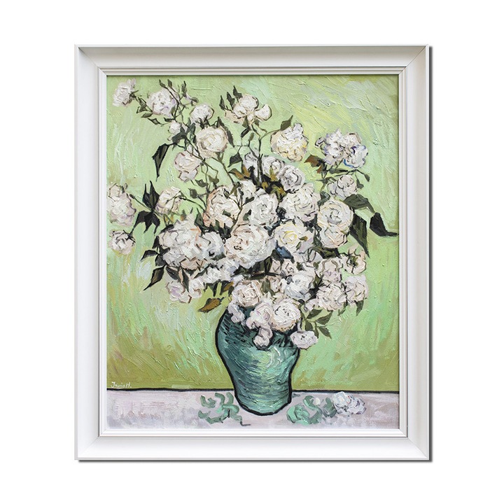 Tablou pictat manual inramat, Trandafiri albi, 70x60cm ulei pe panza, reproducere Vincent van Gogh