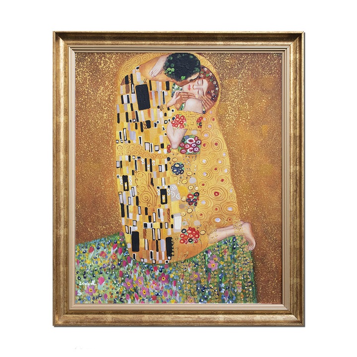 Tablou pictat manual inramat, The Kiss, Sarutul, 70x60cm ulei pe panza, reproducere Gustav Klimt