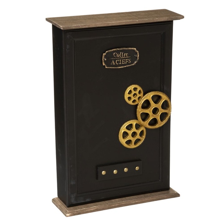 Cutie pentru chei Coffre Aciefs, Cu 9 agatatori, MDF, 38.5 x 26 x 8 cm, Negru/Auriu