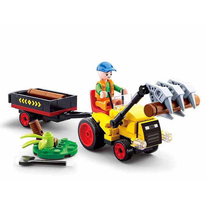 Set de Constructie Tractor cu Remorca si Butuci Lemn