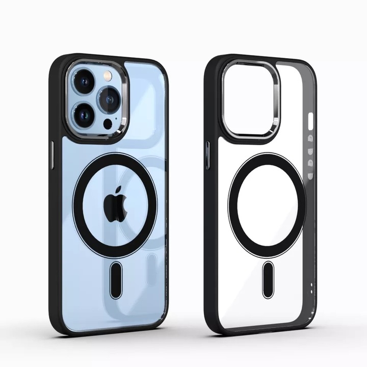 Husa de protectie pentru Iphone 12/12 Pro, compatibila Magsafe, Hybrid, Antisoc, rama neagra