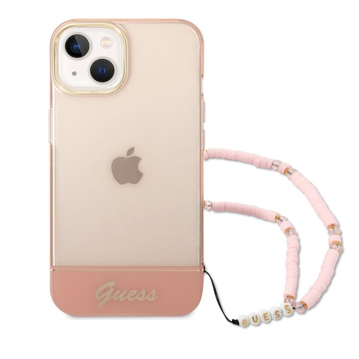 Husa Guess TPU Camera Outline Translucent Strap compatibila cu iPhone 14 Pink