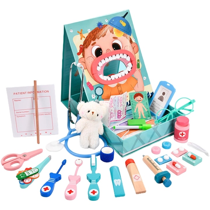 Trusa Medicala din lemn Dentistry, WALALLA, Include Diverse Accesorii Dentare, Termometru, Stetoscop, Mulaj dentar, Joc Creativ si Interactiv, cu 23 accesorii, Albastru